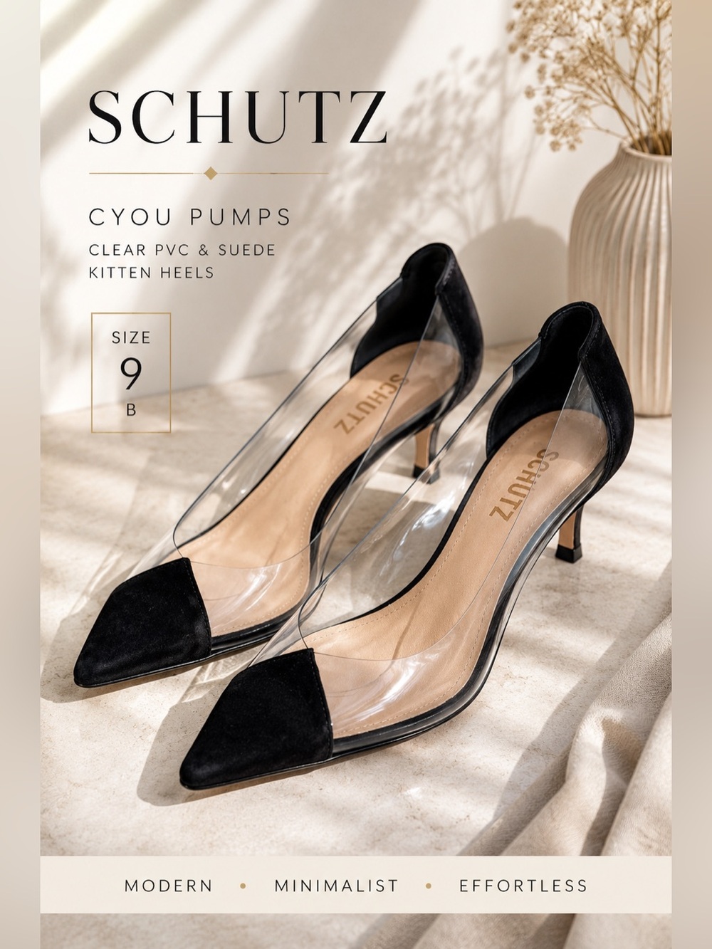 Schutz Cyou Clear PVC & Suede Pointed Toe Kitten Heels Size 9